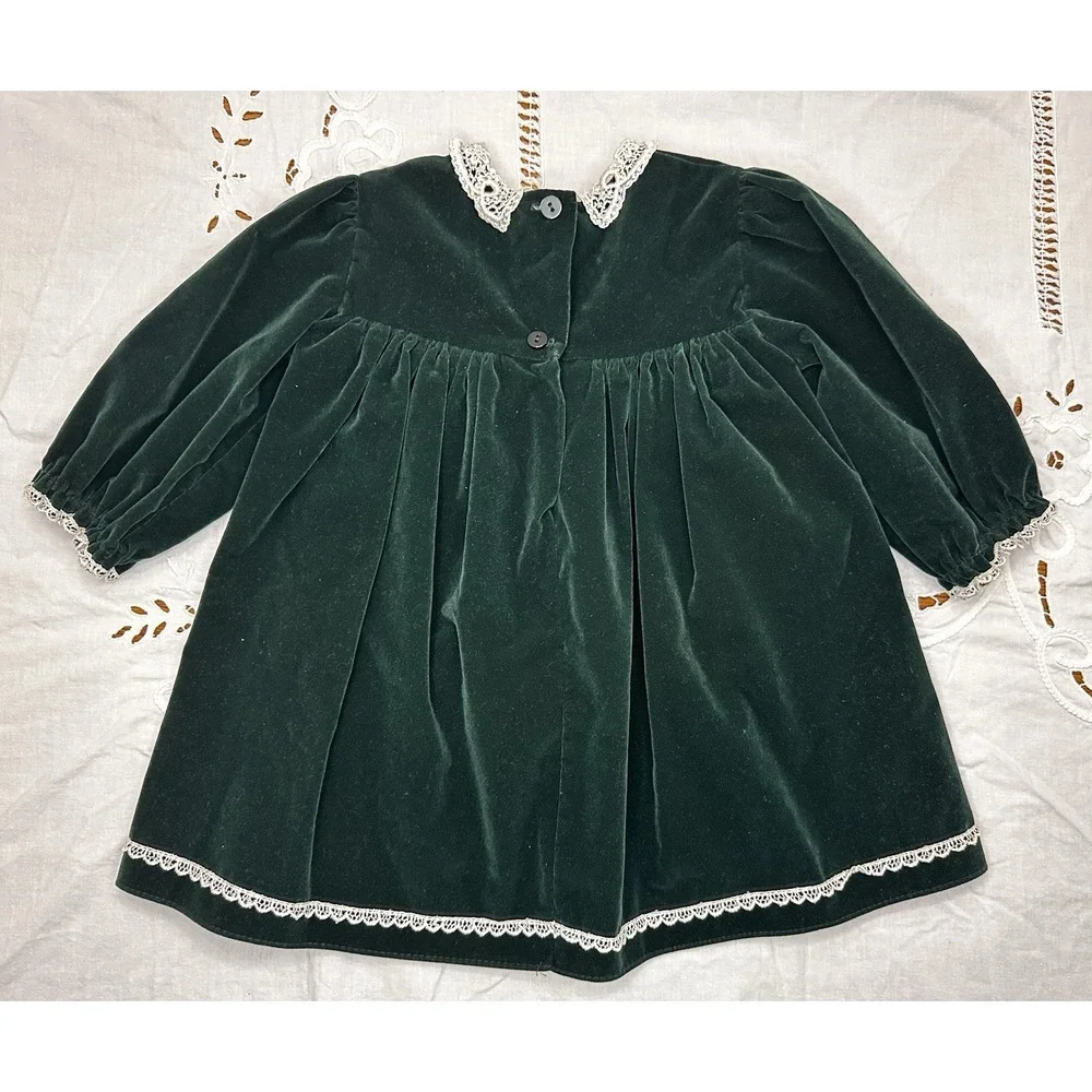 Jo Lene Made In USA -Vintage- 2T Green Velvet - Lace Rosettes - Picture 2 of 6